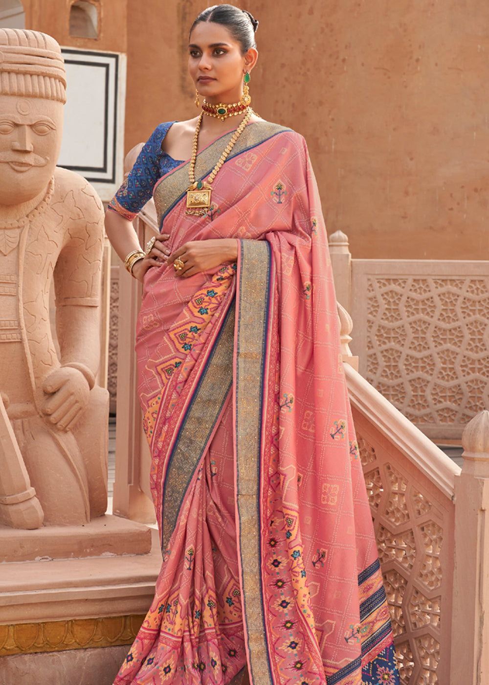 Geraldine Peach Printed Patola Silk Saree