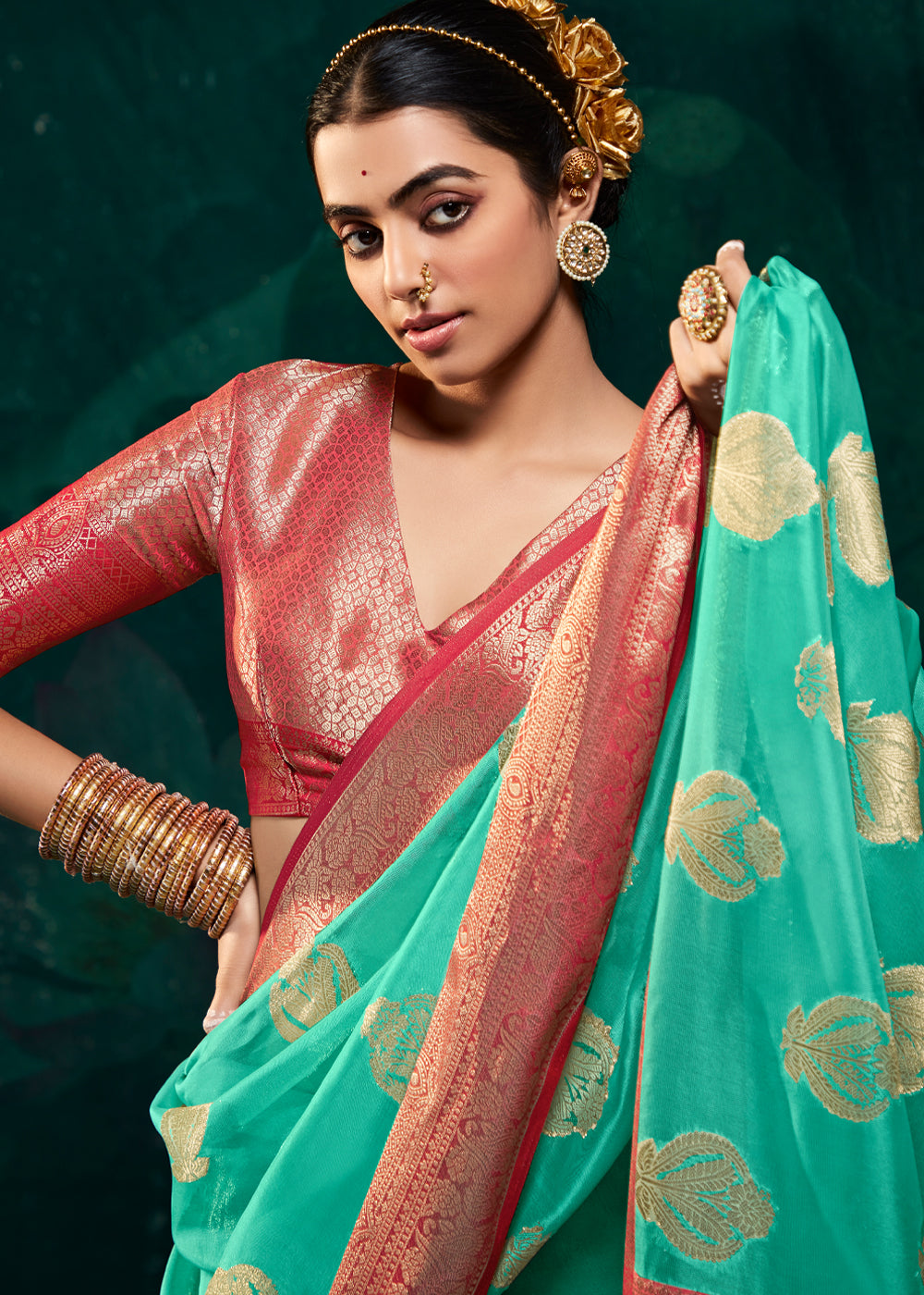 Puerto Rico Green Woven Banarasi Organza Silk Saree