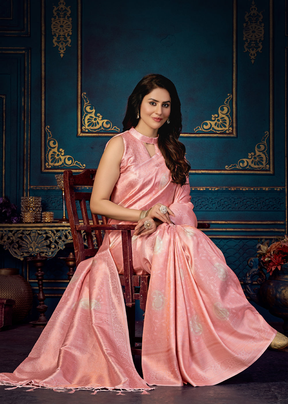 Tonys Pink Woven Banarasi Jacquard Silk Saree