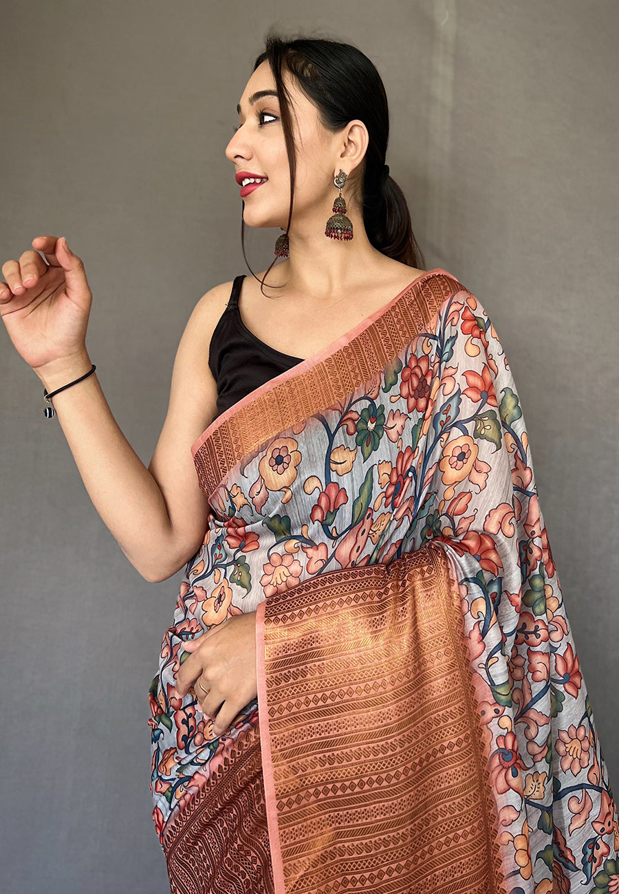 Zorba Grey Zari Woven Cotton Kalamkari Digital Printed Saree