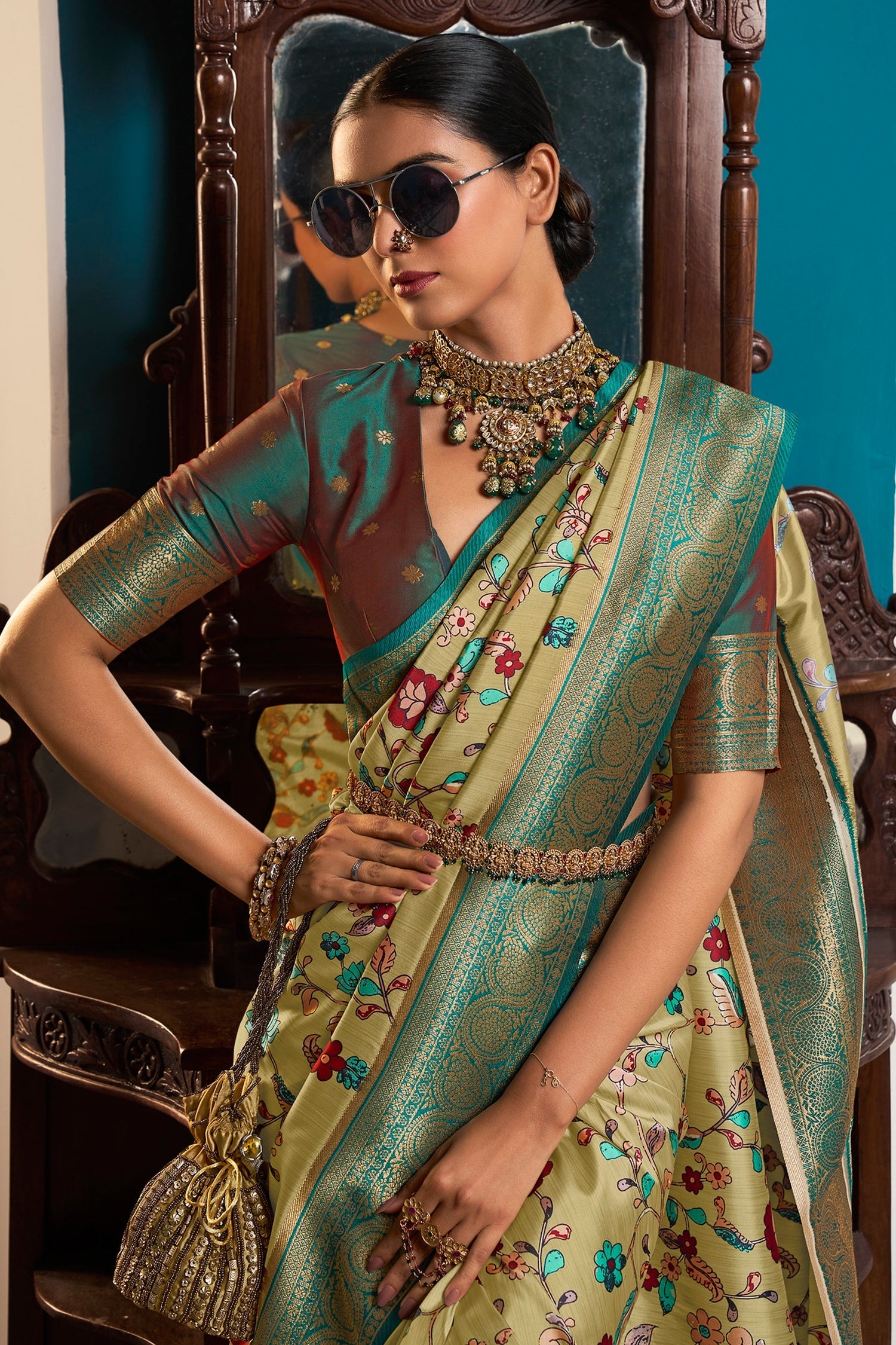 Sycamore Green Digital Printed Banarasi Silk Saree