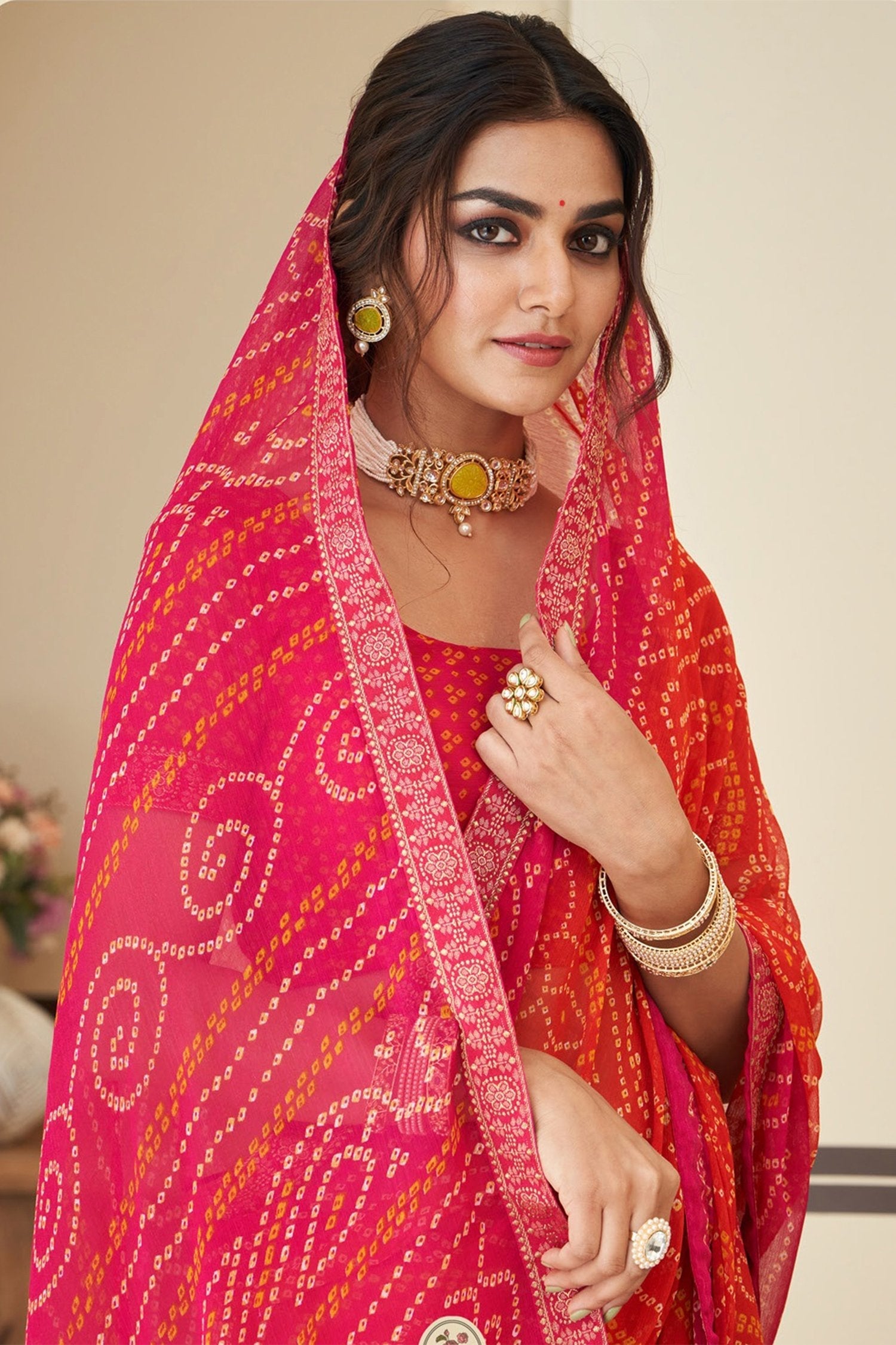 Tuscany Pink Chiffon Bandhani saree