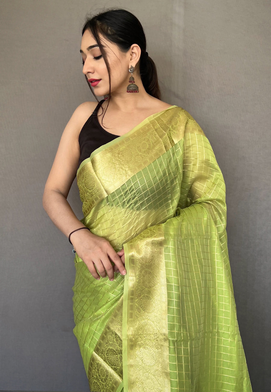 Leaf Green Zari Woven Organza Checks Saree