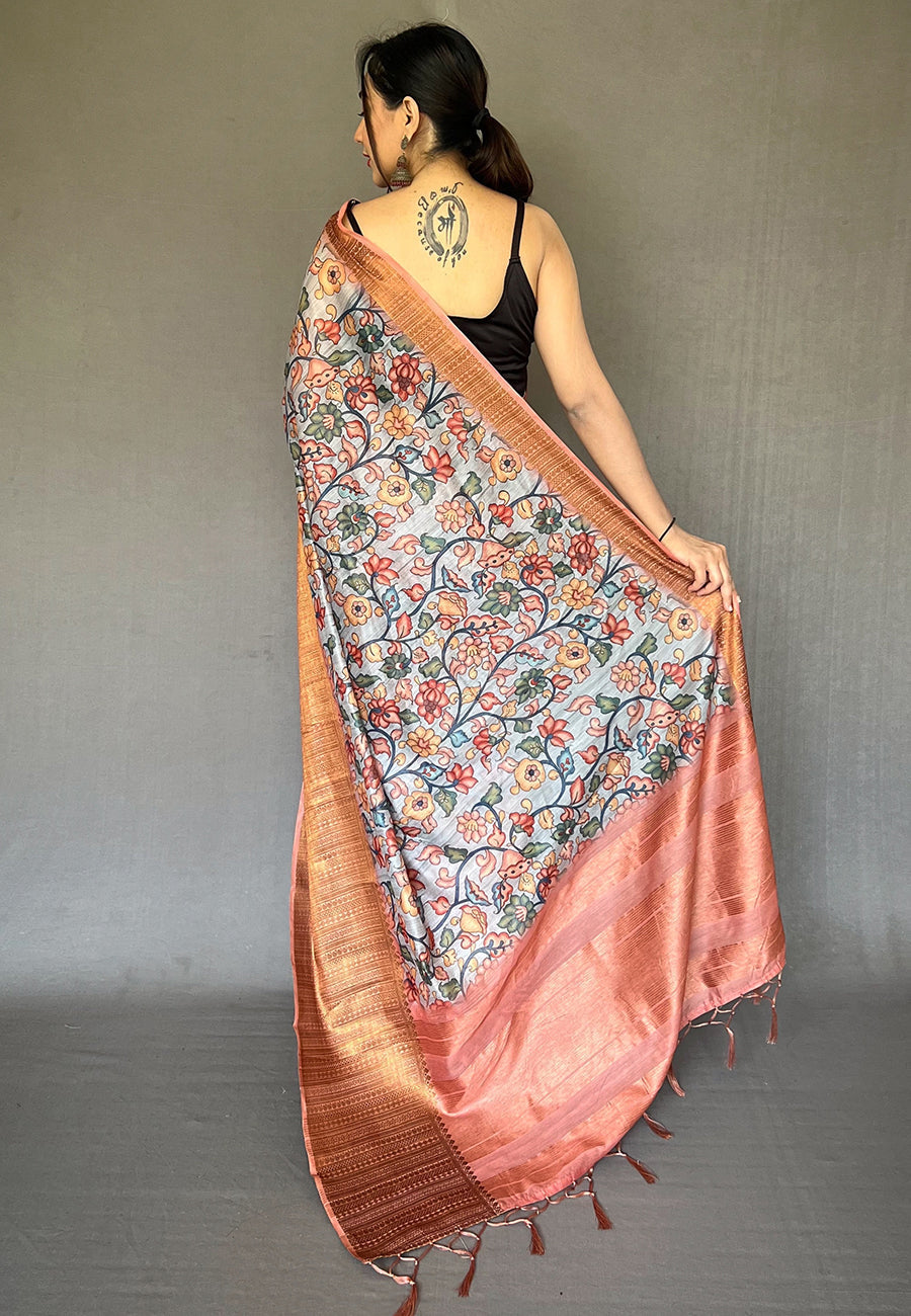 Zorba Grey Zari Woven Cotton Kalamkari Digital Printed Saree