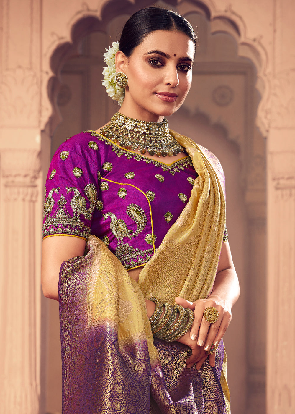 Sunset Yellow and Purple Zari Woven Designer Banarasi Saree