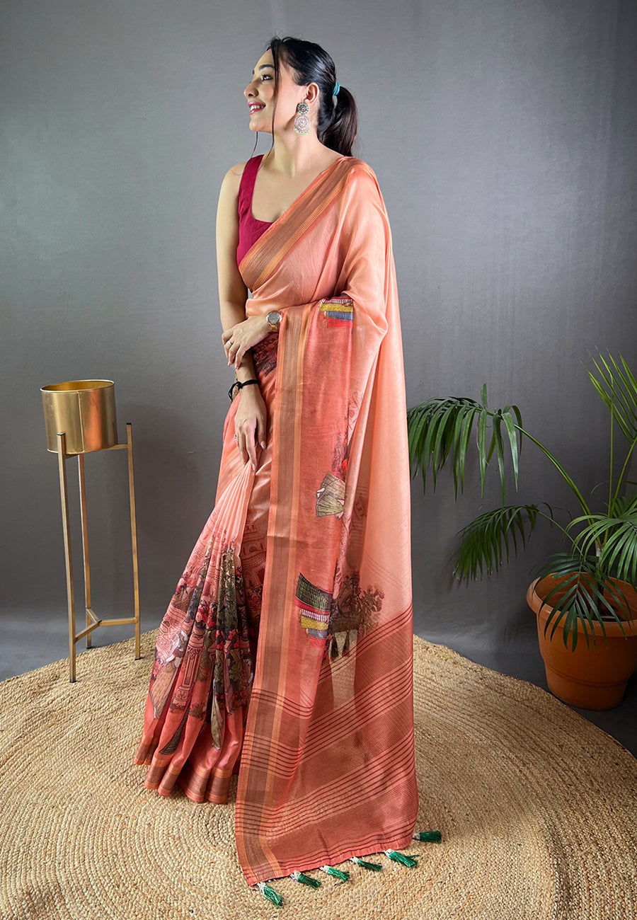 Terracotta Peach Cotton Kalamkari Printed Saree