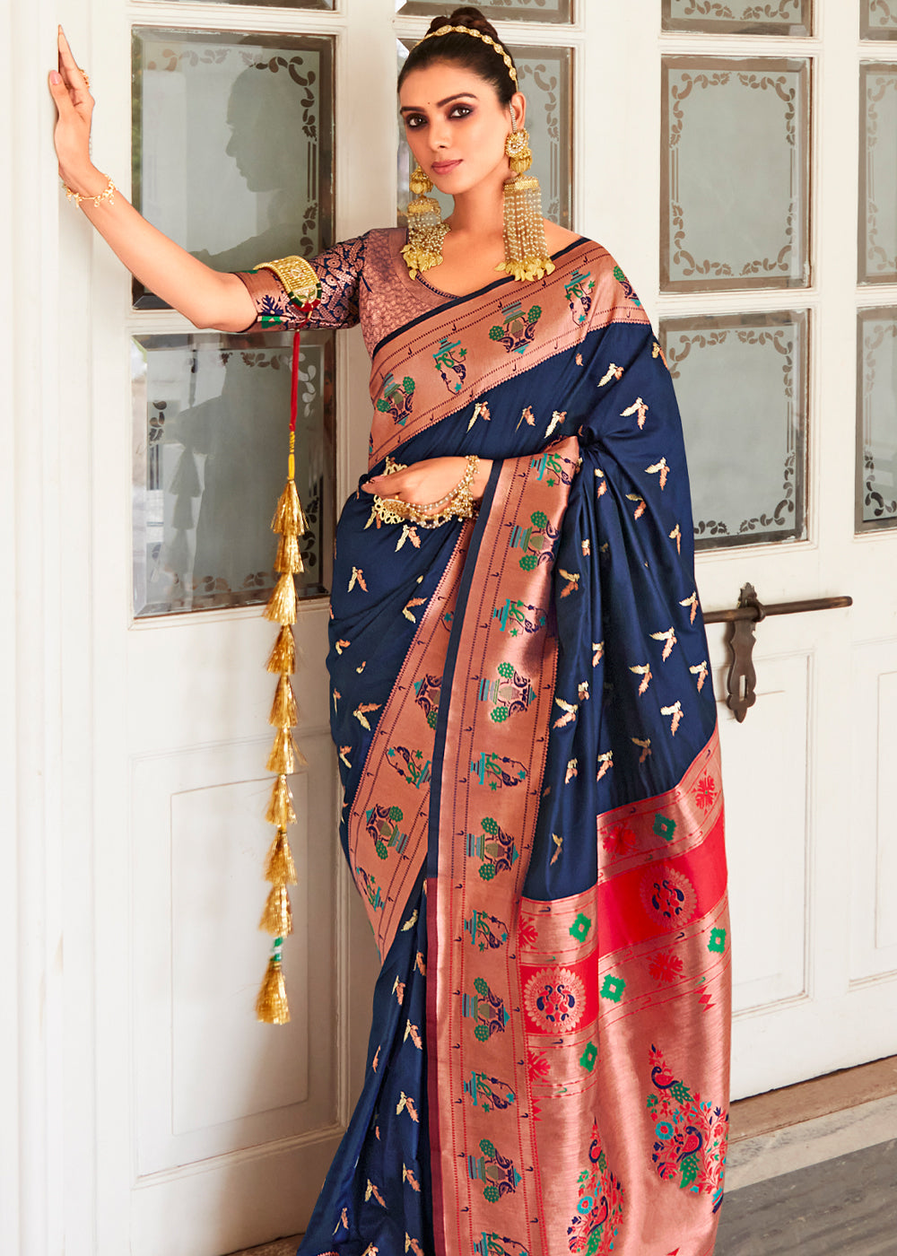 Oxford Blue and Red Zari Woven Paithani Silk Saree