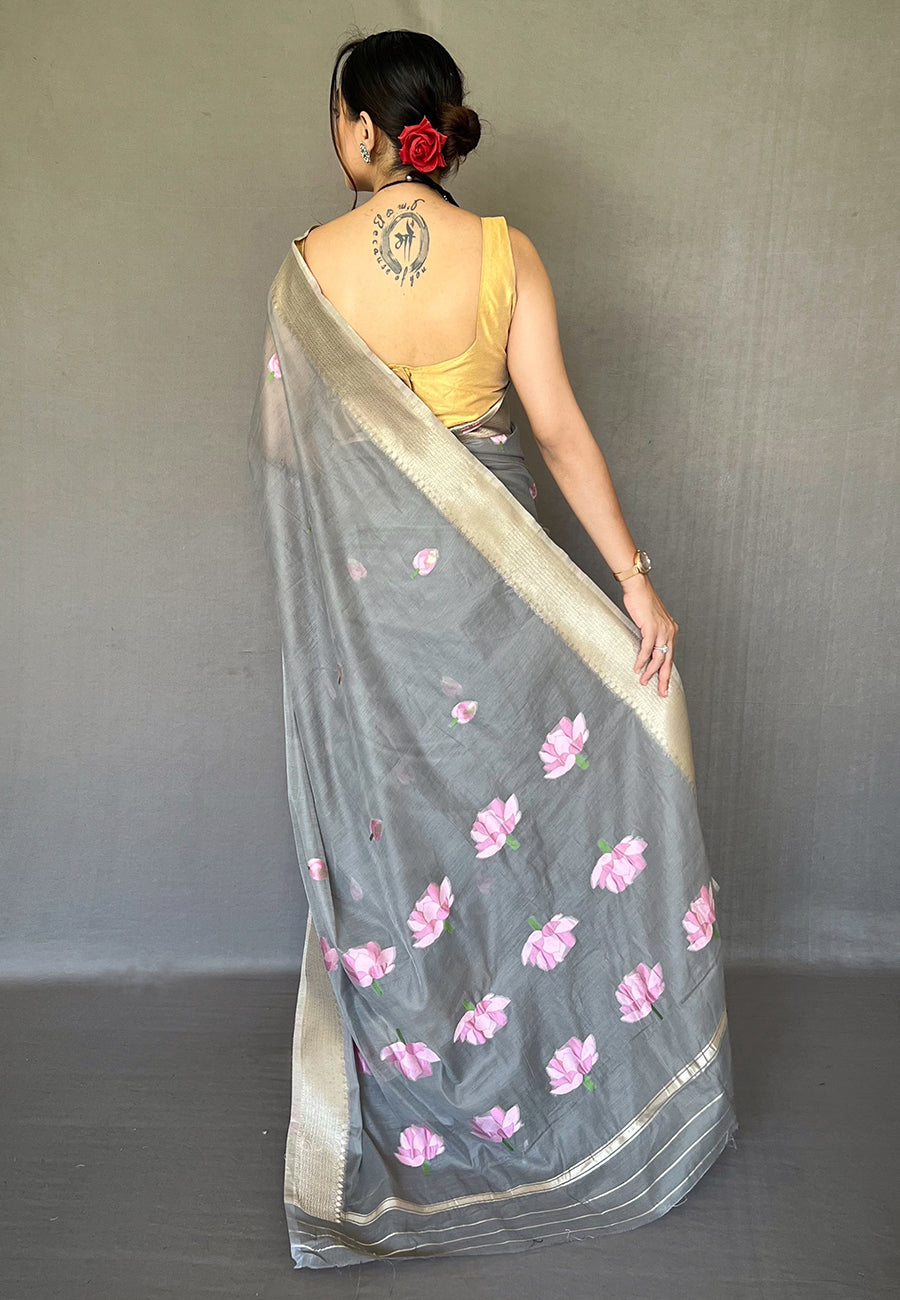 Dawn Grey Cotton Lotus Woven Silk Saree