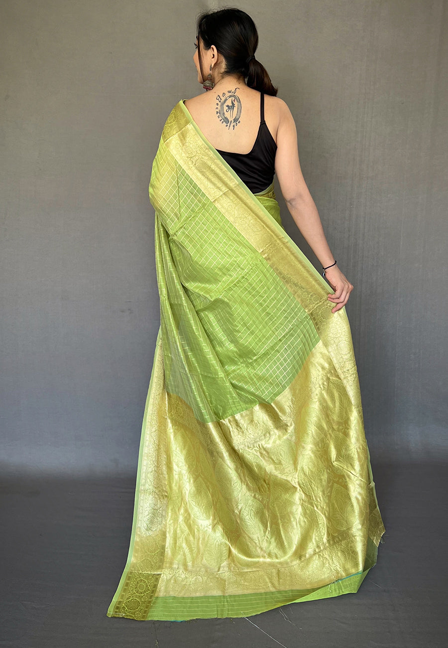 Leaf Green Zari Woven Organza Checks Saree