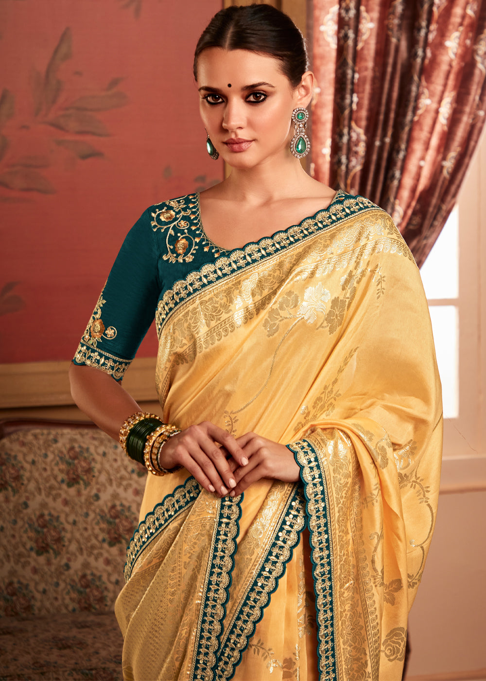 Saffron Yellow Woven Banarasi Designer Silk Saree With Embroidered Blouse