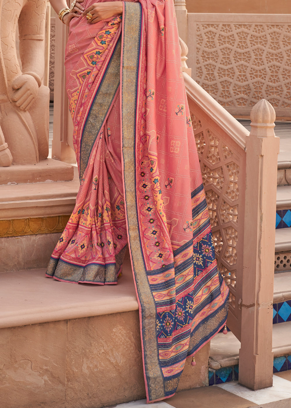 Geraldine Peach Printed Patola Silk Saree