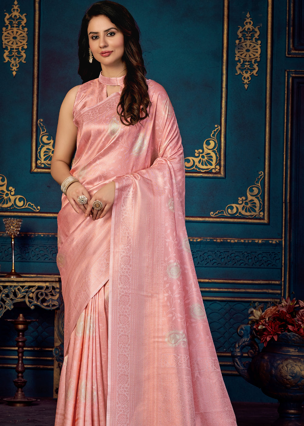 Tonys Pink Woven Banarasi Jacquard Silk Saree