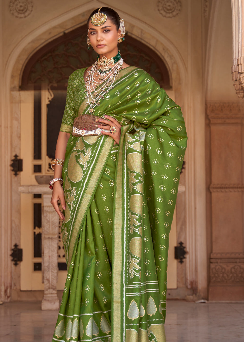 Sycamore Green Woven Banarasi Soft Silk Saree