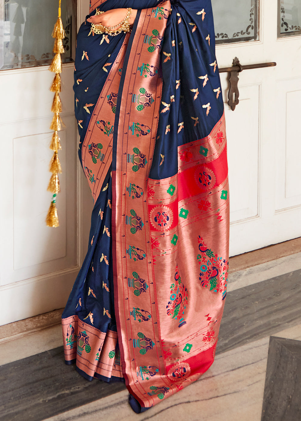 Oxford Blue and Red Zari Woven Paithani Silk Saree