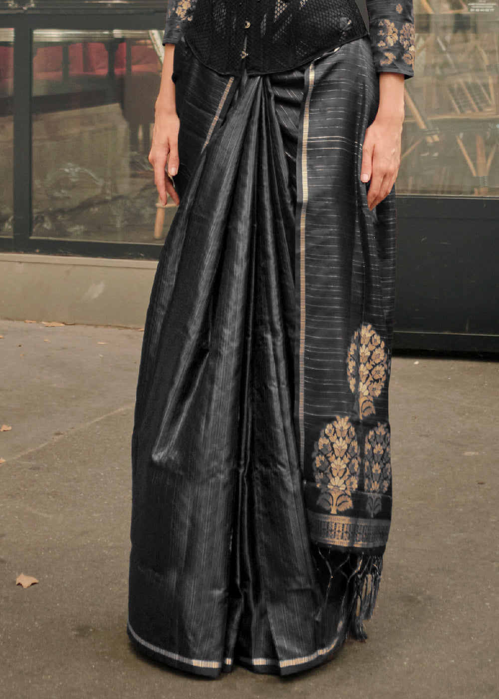 Tundora Black Woven Banarasi Satin Silk Saree