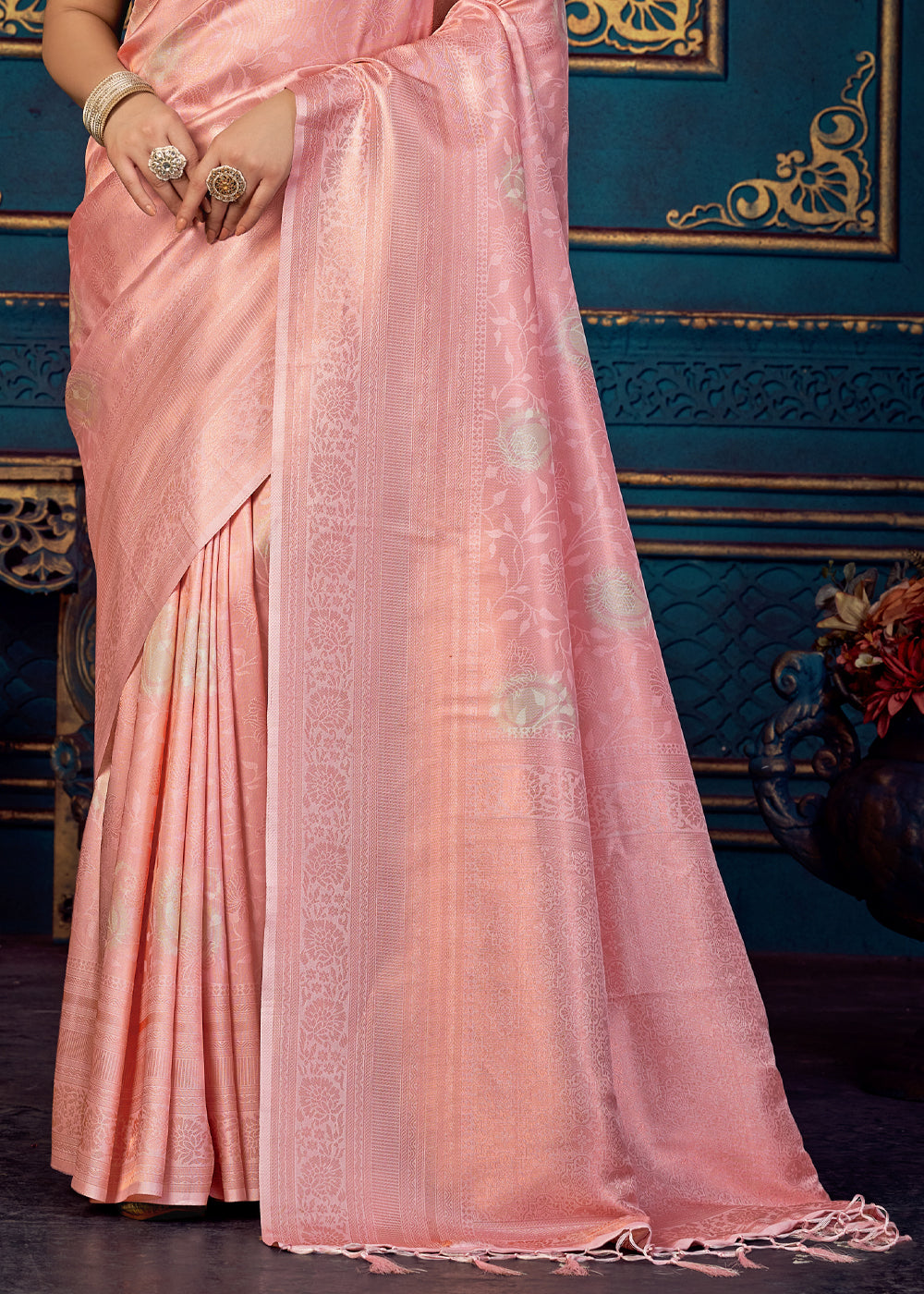 Tonys Pink Woven Banarasi Jacquard Silk Saree