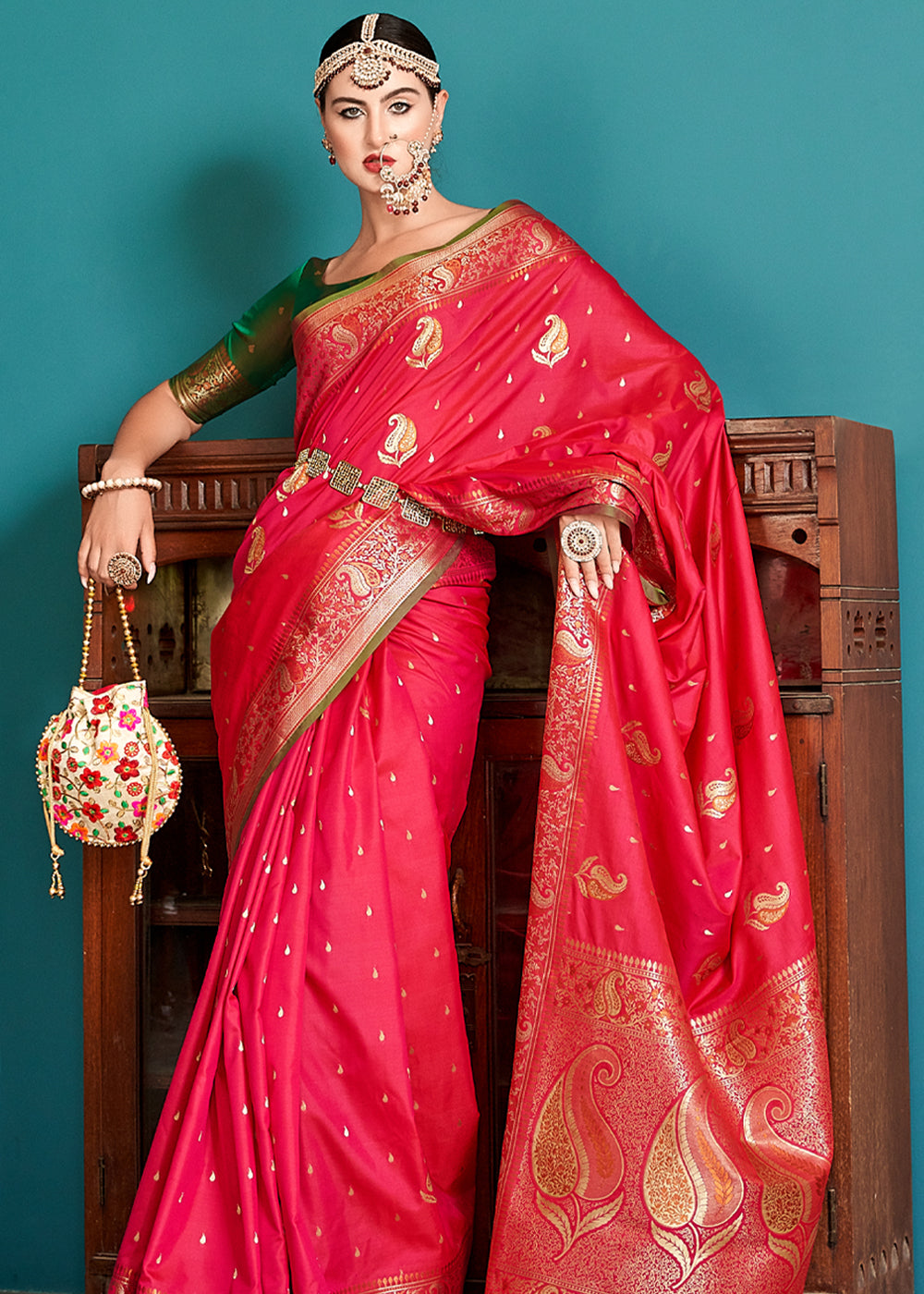 Fiery Rose Pink Woven Banarasi Soft Silk Saree