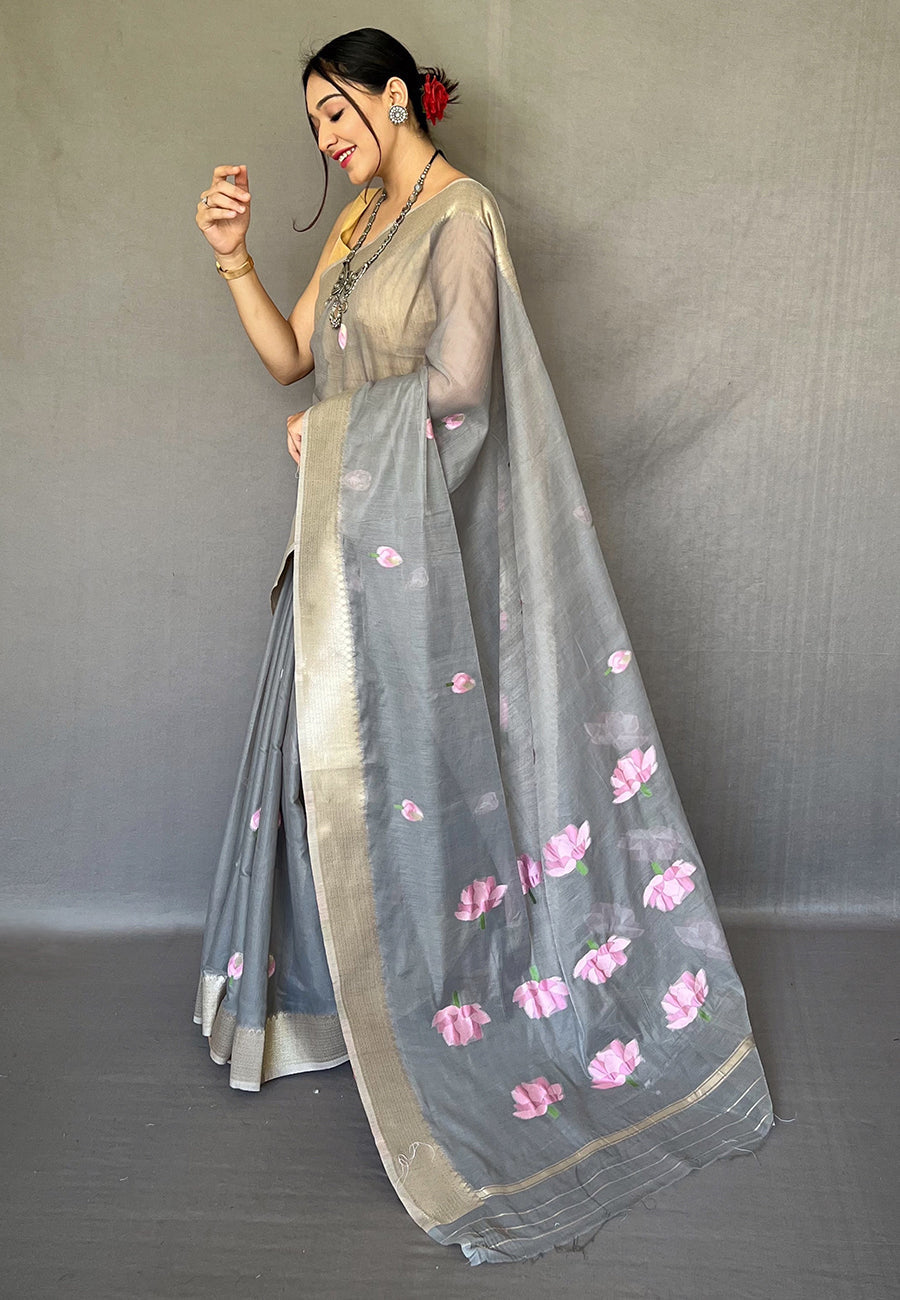 Dawn Grey Cotton Lotus Woven Silk Saree