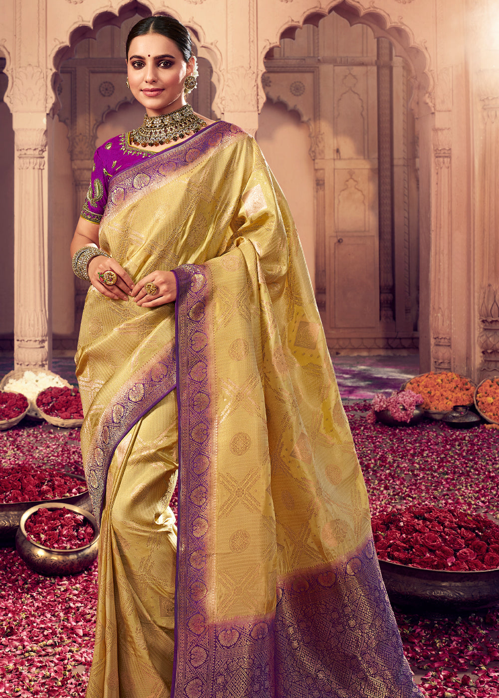 Sunset Yellow and Purple Zari Woven Designer Banarasi Saree