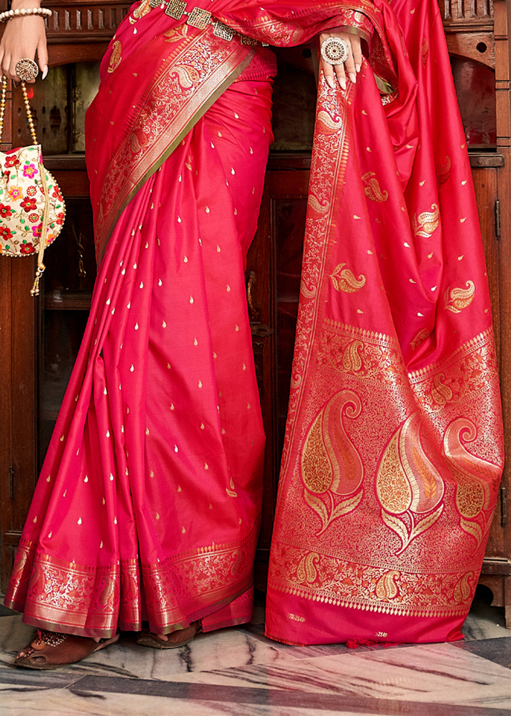 Fiery Rose Pink Woven Banarasi Soft Silk Saree