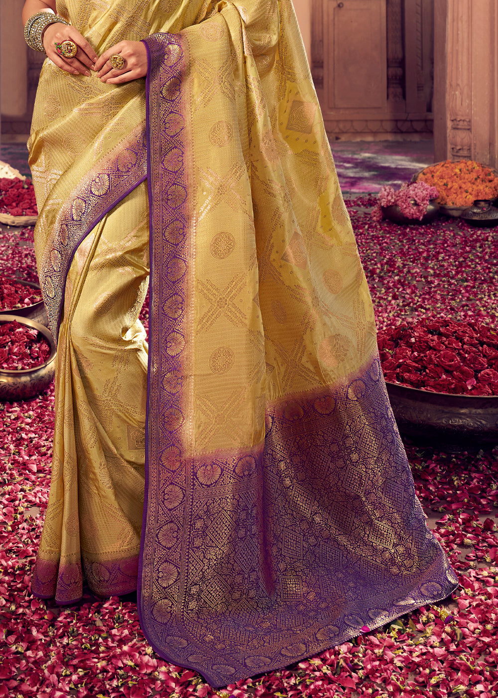 Sunset Yellow and Purple Zari Woven Designer Banarasi Saree