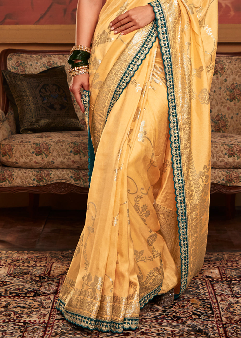 Saffron Yellow Woven Banarasi Designer Silk Saree With Embroidered Blouse