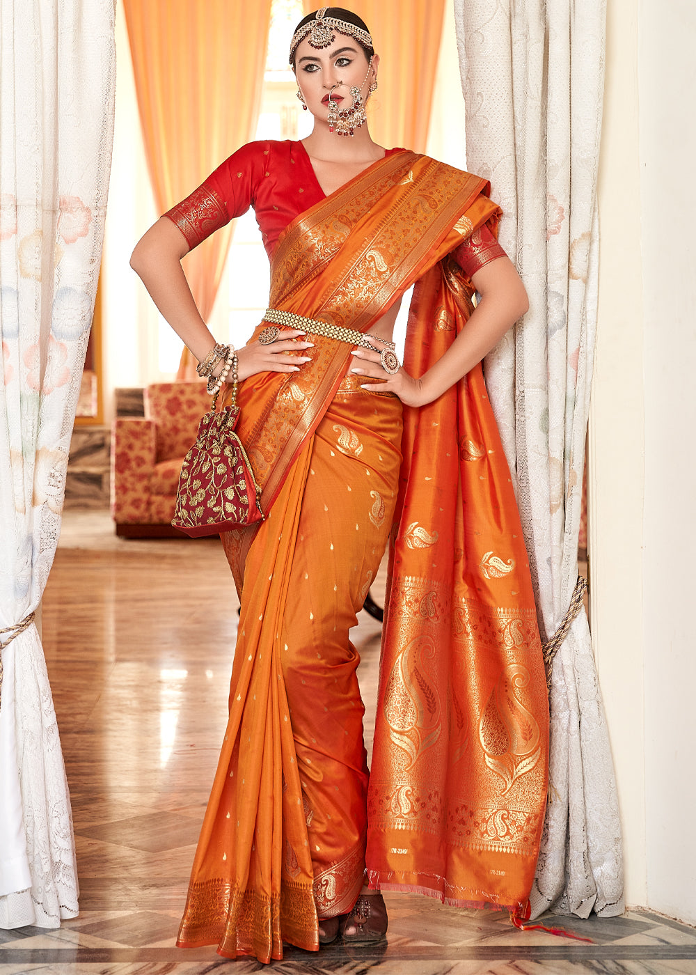 Jaffa Orange Woven Banarasi Soft Silk Saree