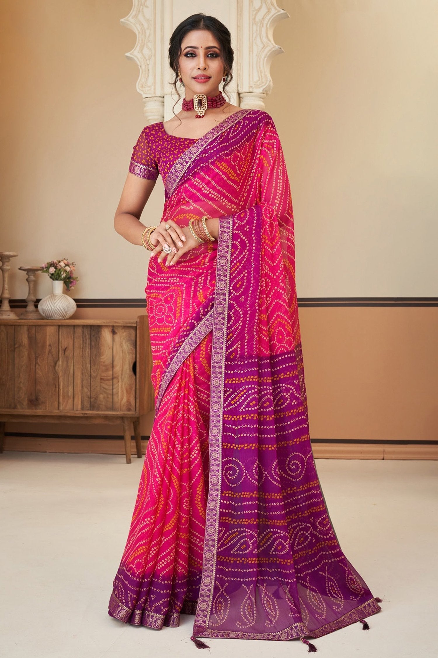 Hibiscus Pink Chiffon Bandhani saree