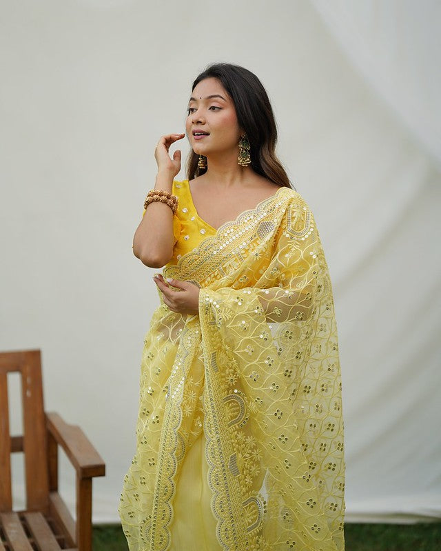 Tacha Yellow Designer Organza saree with Sequence Work