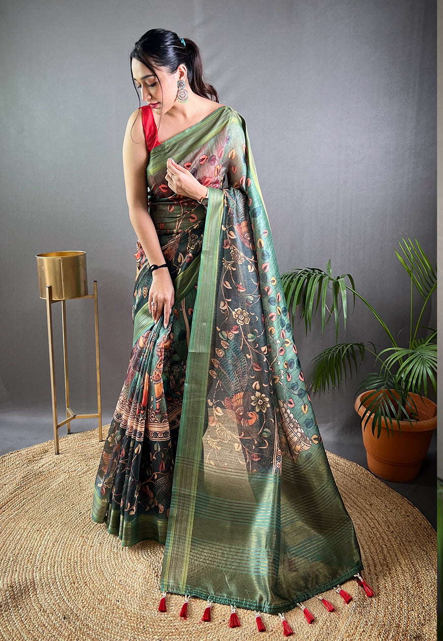 Finch Green Cotton Kalamkari Printed Saree