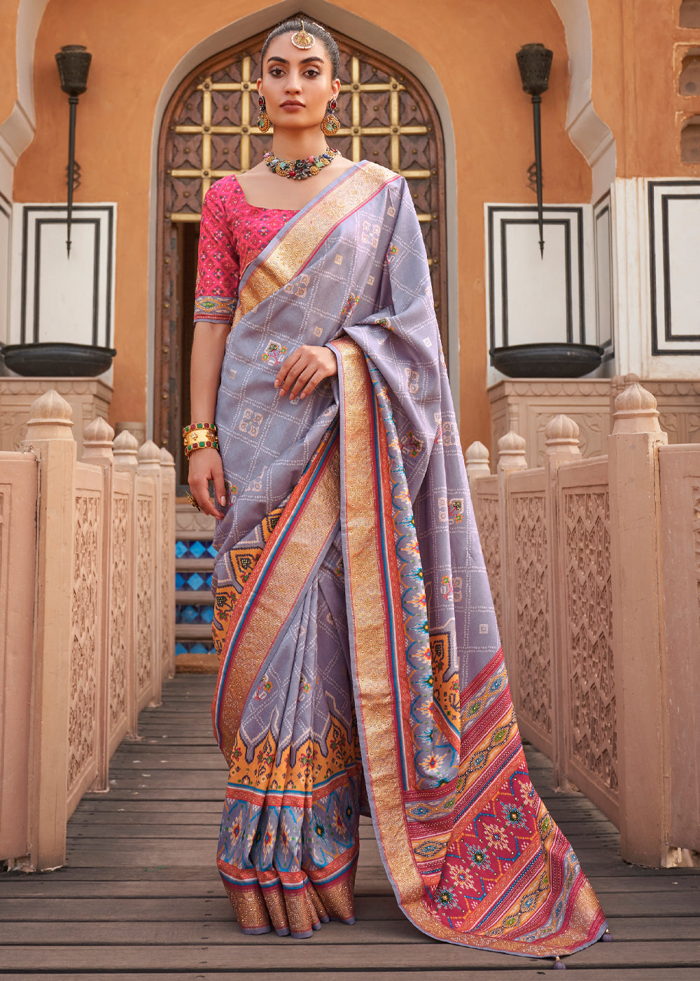 Amethyst Smoke Printed Woven Patola Silk Saree