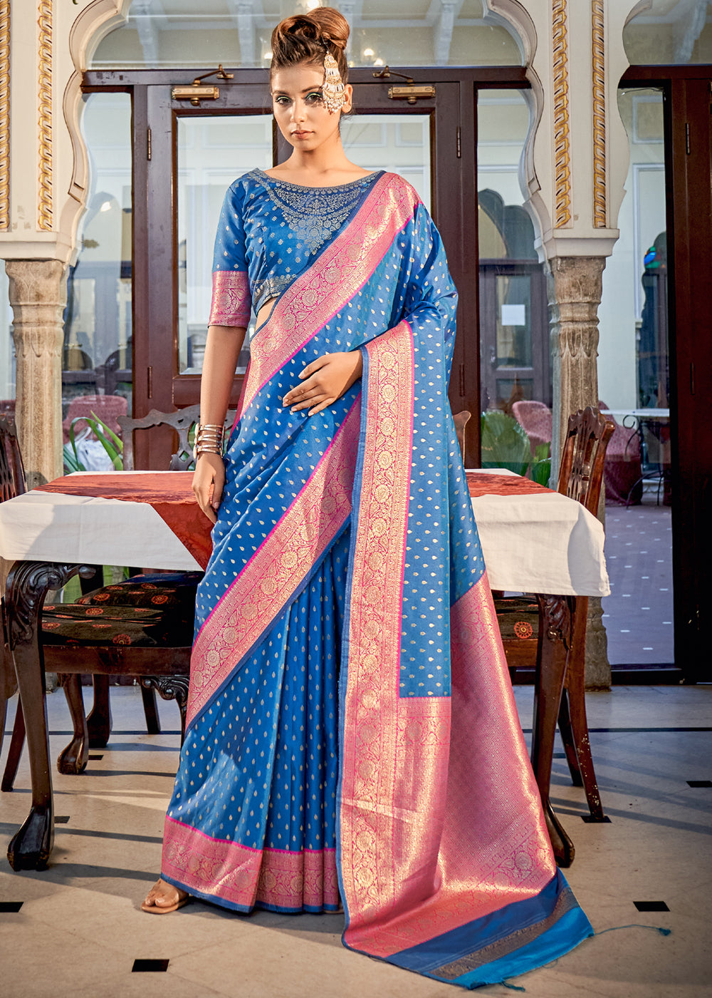 Sapphire Blue Woven Banarasi Silk Saree