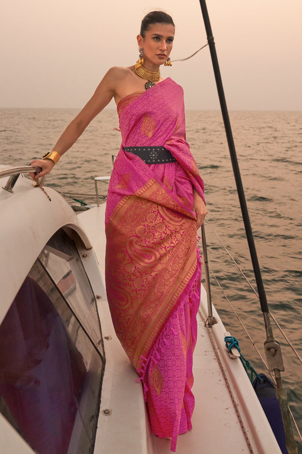 Rosy Pink Woven Satin Handloom Silk Saree