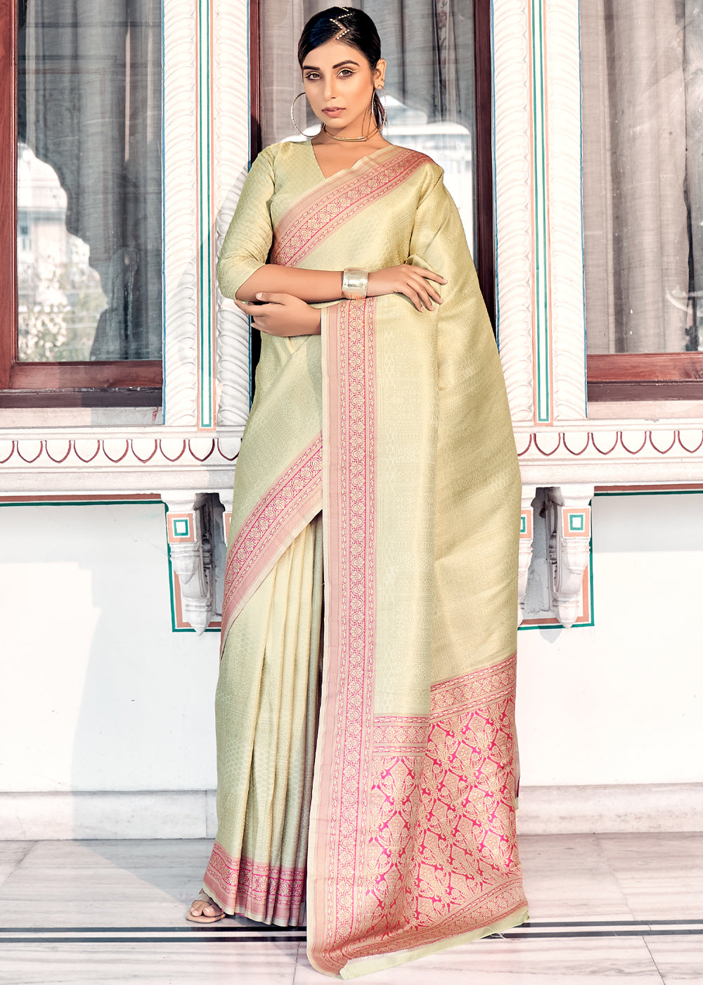 Baja Cream Woven Kanjivaram Silk Saree