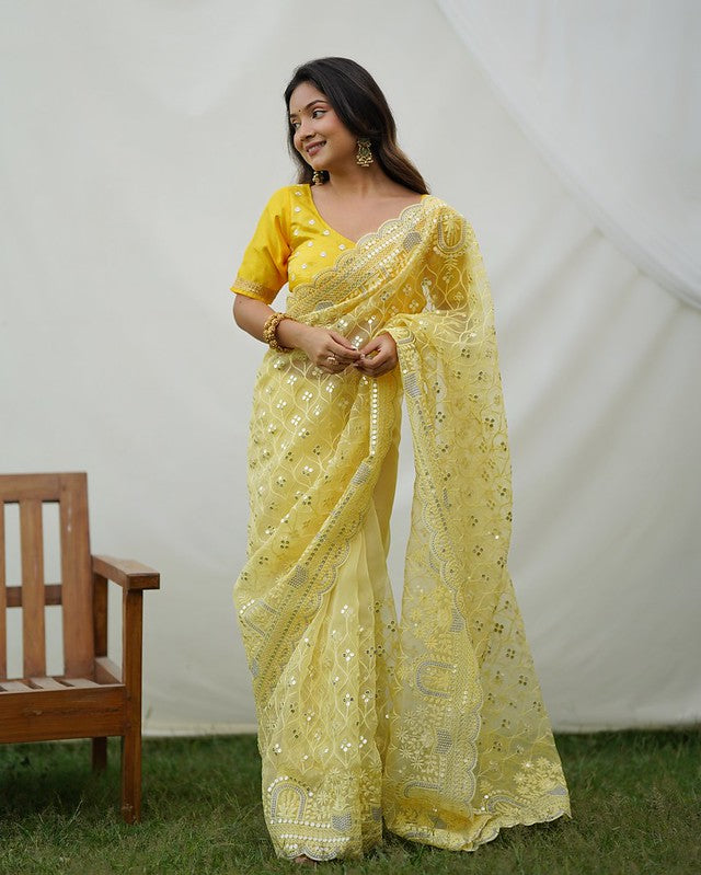 Tacha Yellow Designer Organza saree with Sequence Work