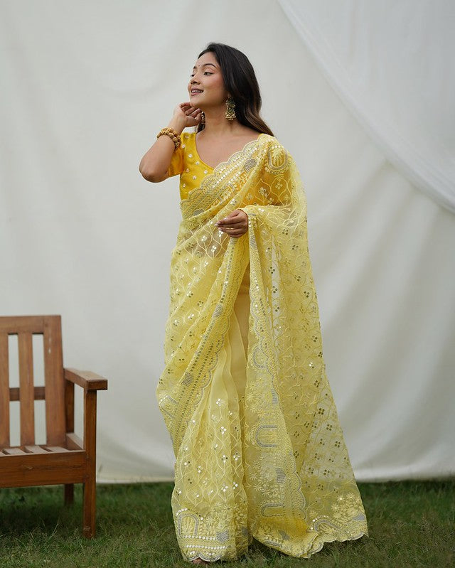 Tacha Yellow Designer Organza saree with Sequence Work