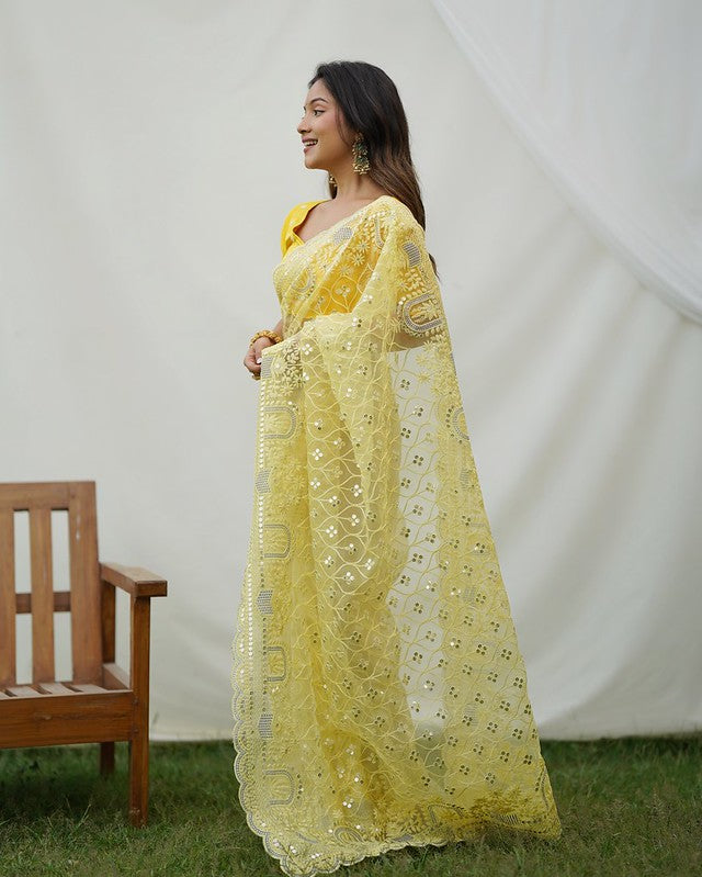 Tacha Yellow Designer Organza saree with Sequence Work