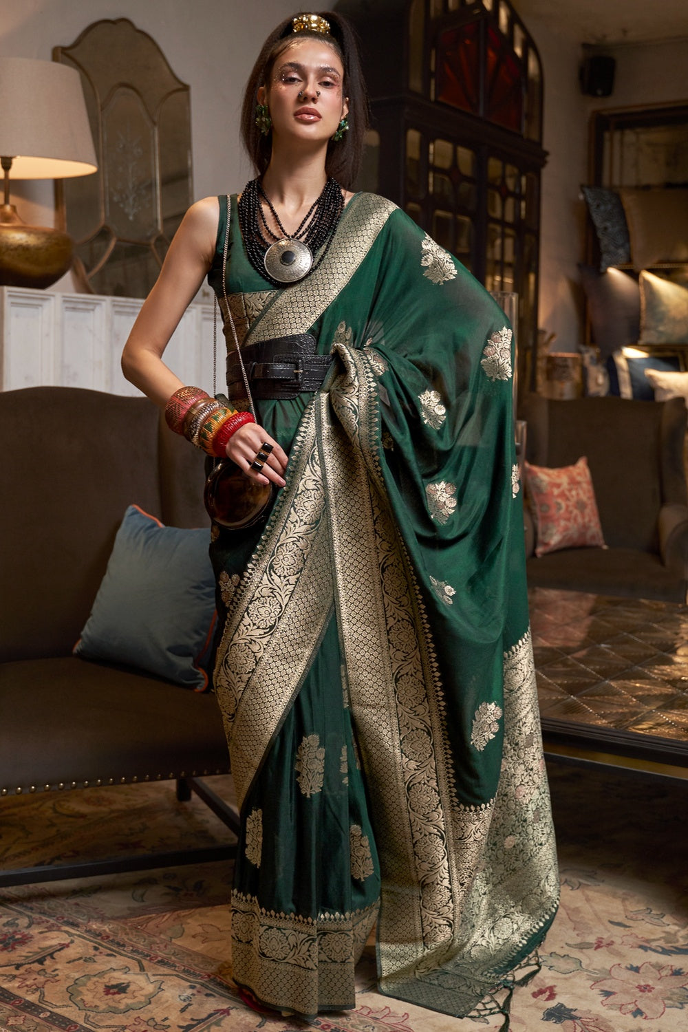 Mineral Green Woven Georgette Silk Saree