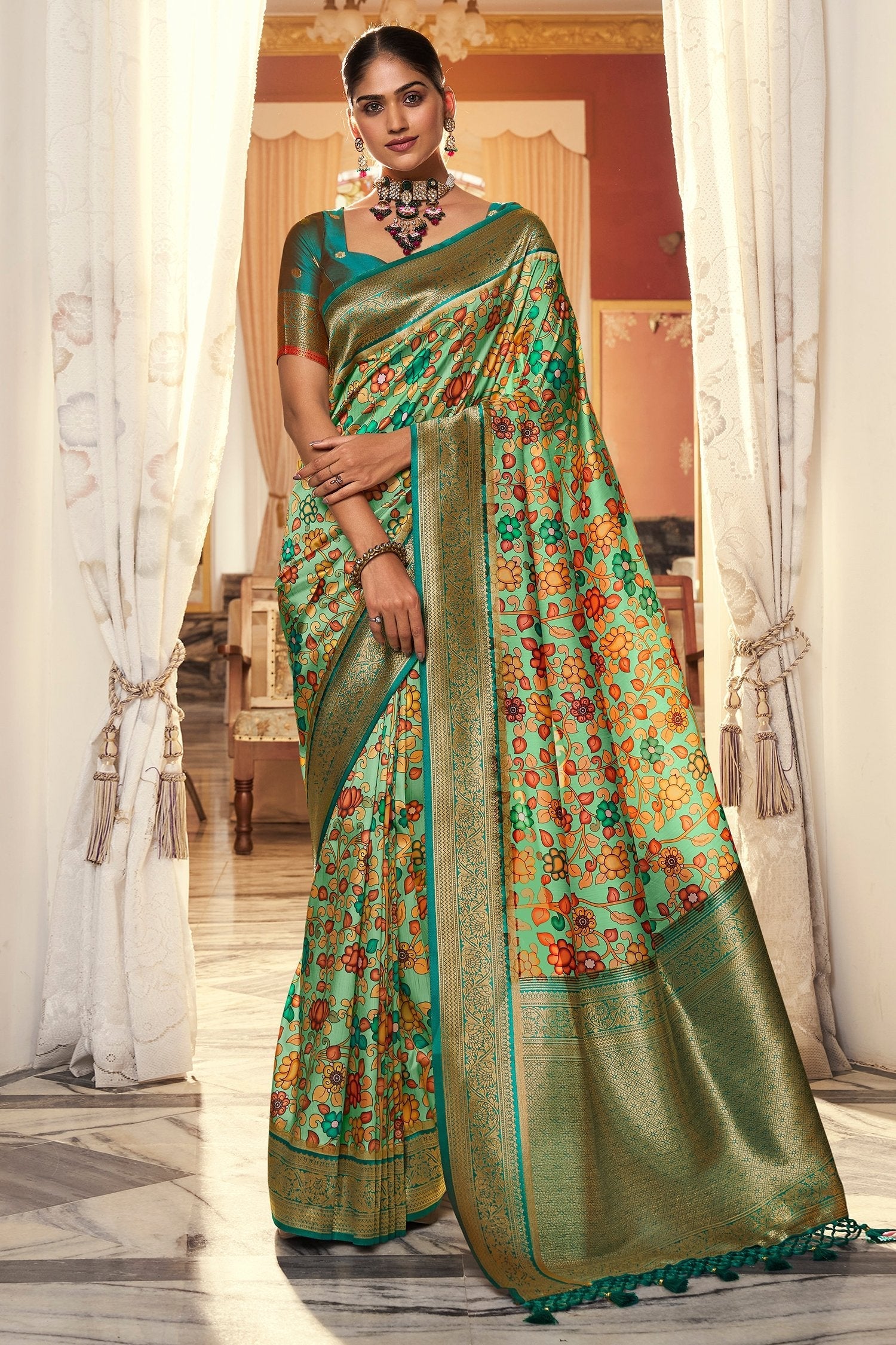 Battleship Green Digital Printed Banarasi Silk Saree