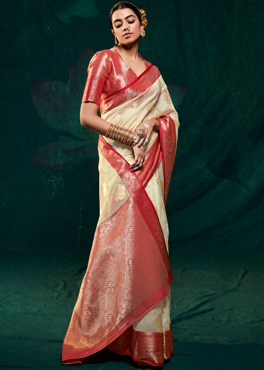 Stark Cream Woven Banarasi Organza Silk Saree