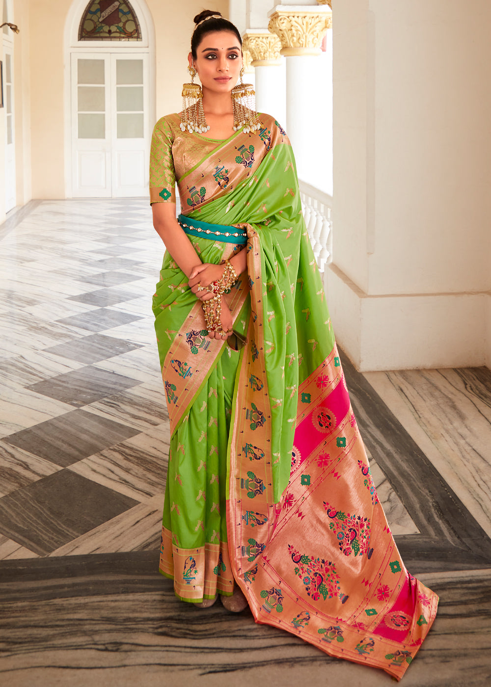 Parrot Green and Pink Zari Woven Paithani Silk Saree