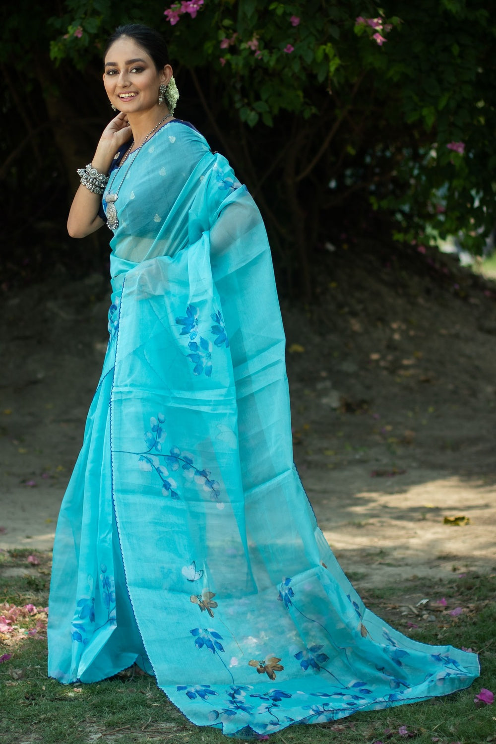 Moonstone Blue Floral Design Organza Printed Saree