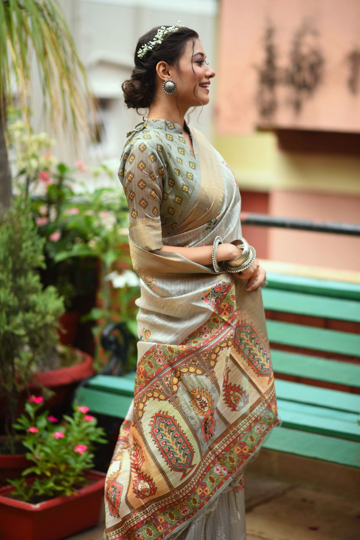 Tallow Grey Printed South Silk Saree