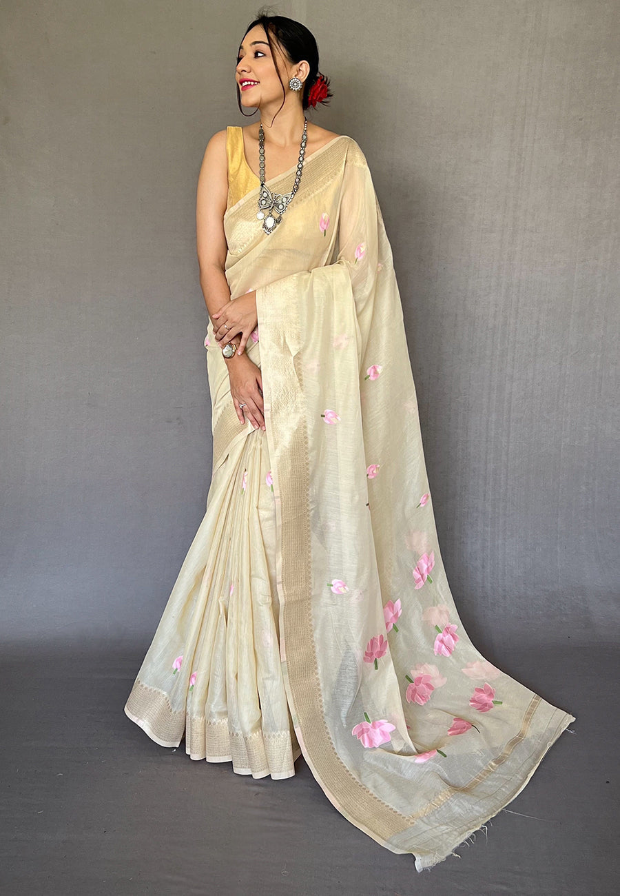 Sapling Cream Cotton Lotus Woven Silk Saree