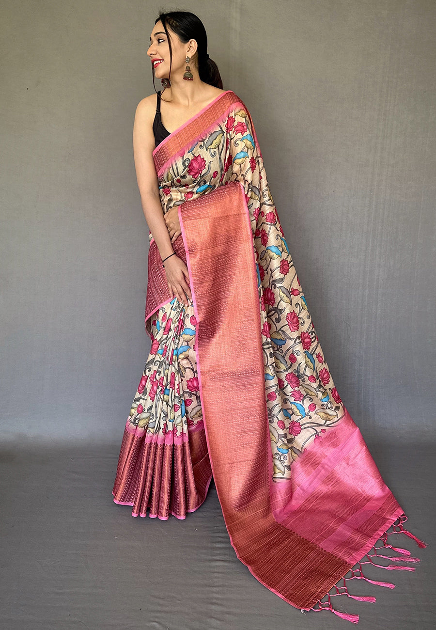 Geraldine Pink Zari Woven Cotton Kalamkari Digital Printed Saree