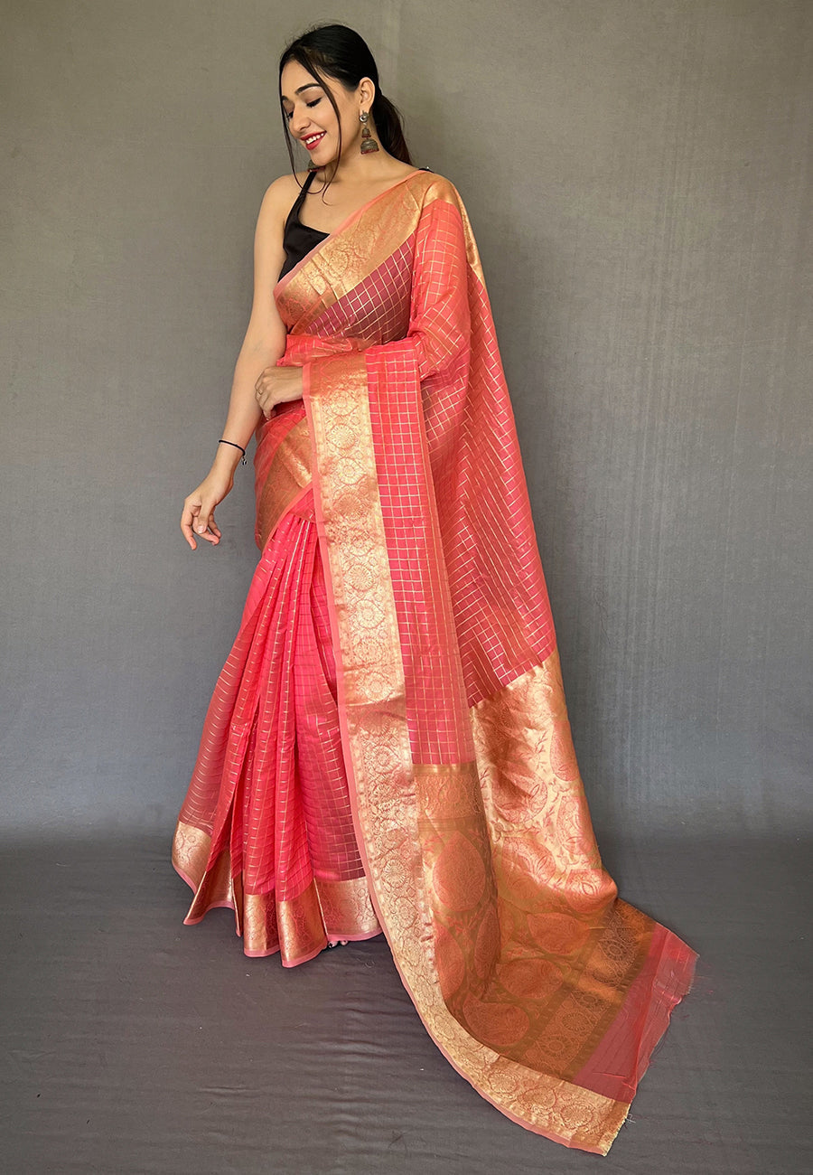 Froly Pink Zari Woven Organza Checks Saree