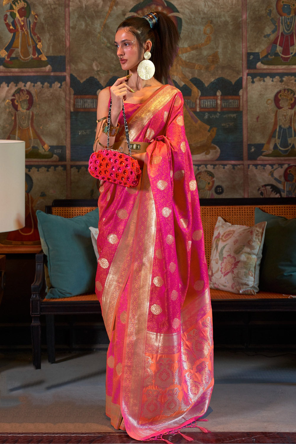 Strawberry Pink Satin Handloom Silk Saree