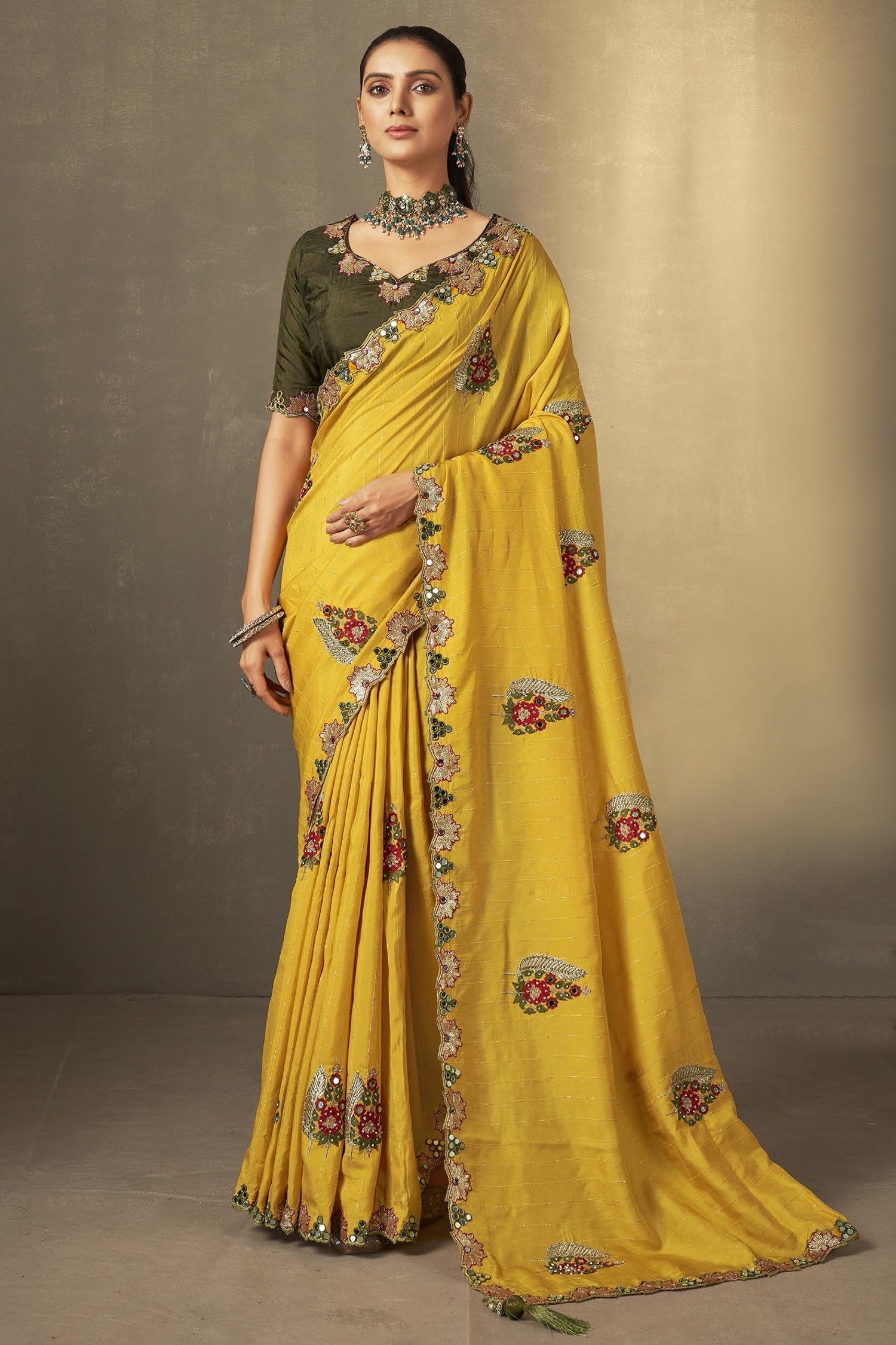 Sunset Pearl Yellow and Green Embroidered Silk Saree with Designer Blouse