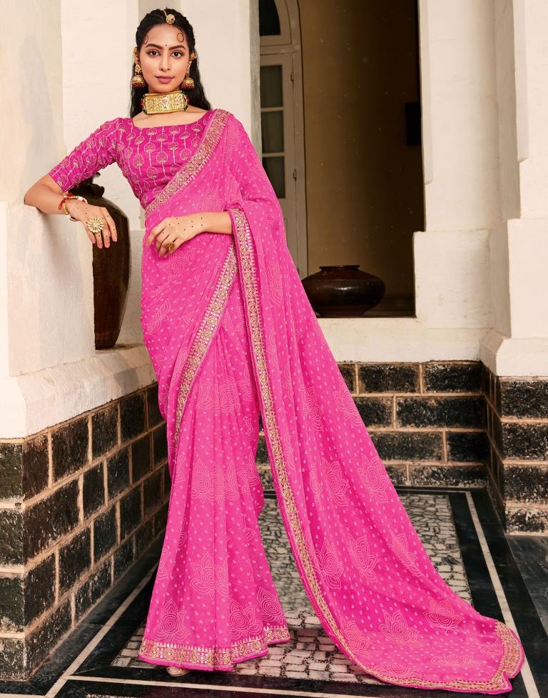 French Rose Pink Georgette Bandhani Saree