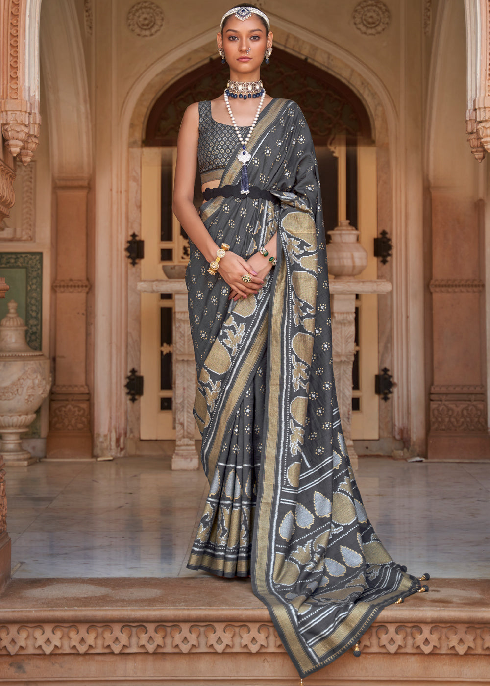 Scarpa Flow Grey Woven Banarasi Soft Silk Saree